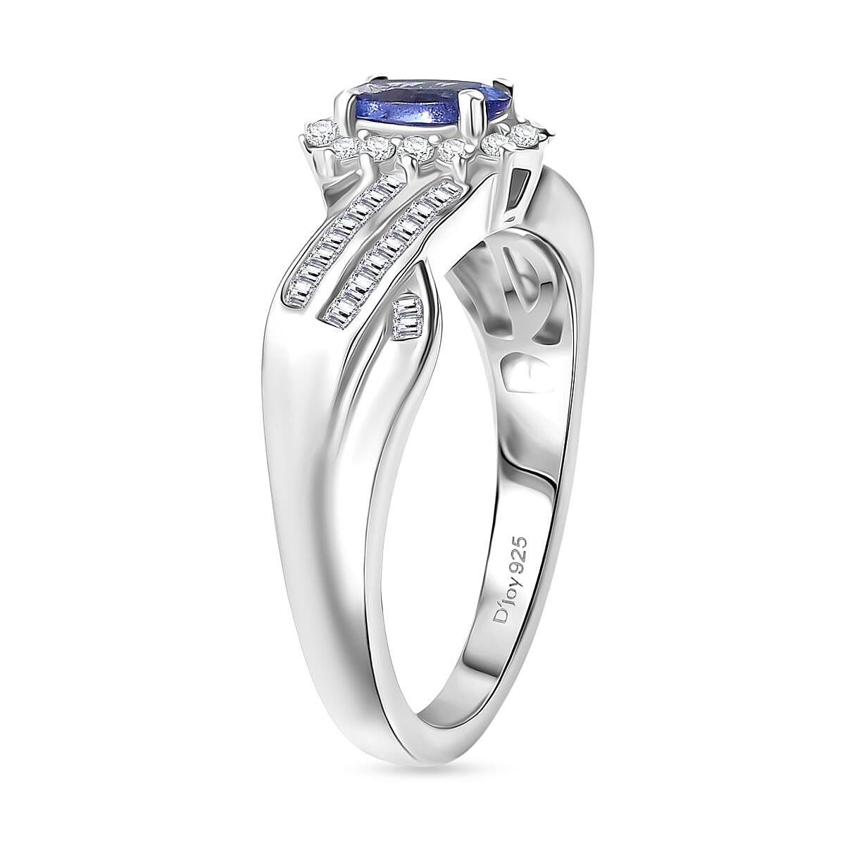 D'Joy Tanzanite & White Diamond Ring in Rhodium Overlay Sterling Silver 0.76 Ct.
