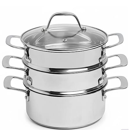 THE COMPLETE KITCHEN IN THE BOX - 3 Tier Stainless Steel Steamer with Glass Lids Multifunctional Hot Pot, Frying, Stewing, - Stir-Fry