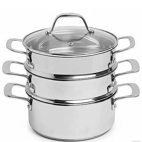 THE COMPLETE KITCHEN IN THE BOX - 3 Tier Stainless Steel Steamer with Glass Lids Multifunctional Hot Pot, Frying, Stewing, - Stir-Fry