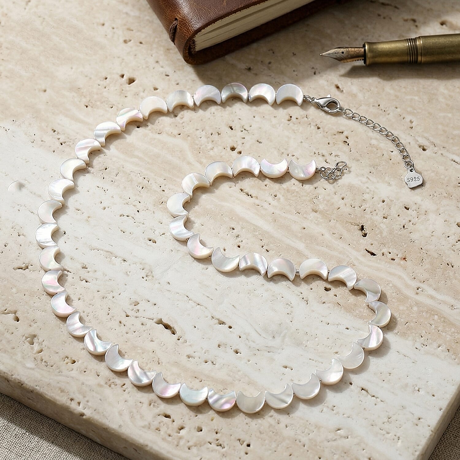 D'Joy White Mother Of Pearl Beads Necklace in Rhodium OverlaySterling Silver  80.000  Ct.