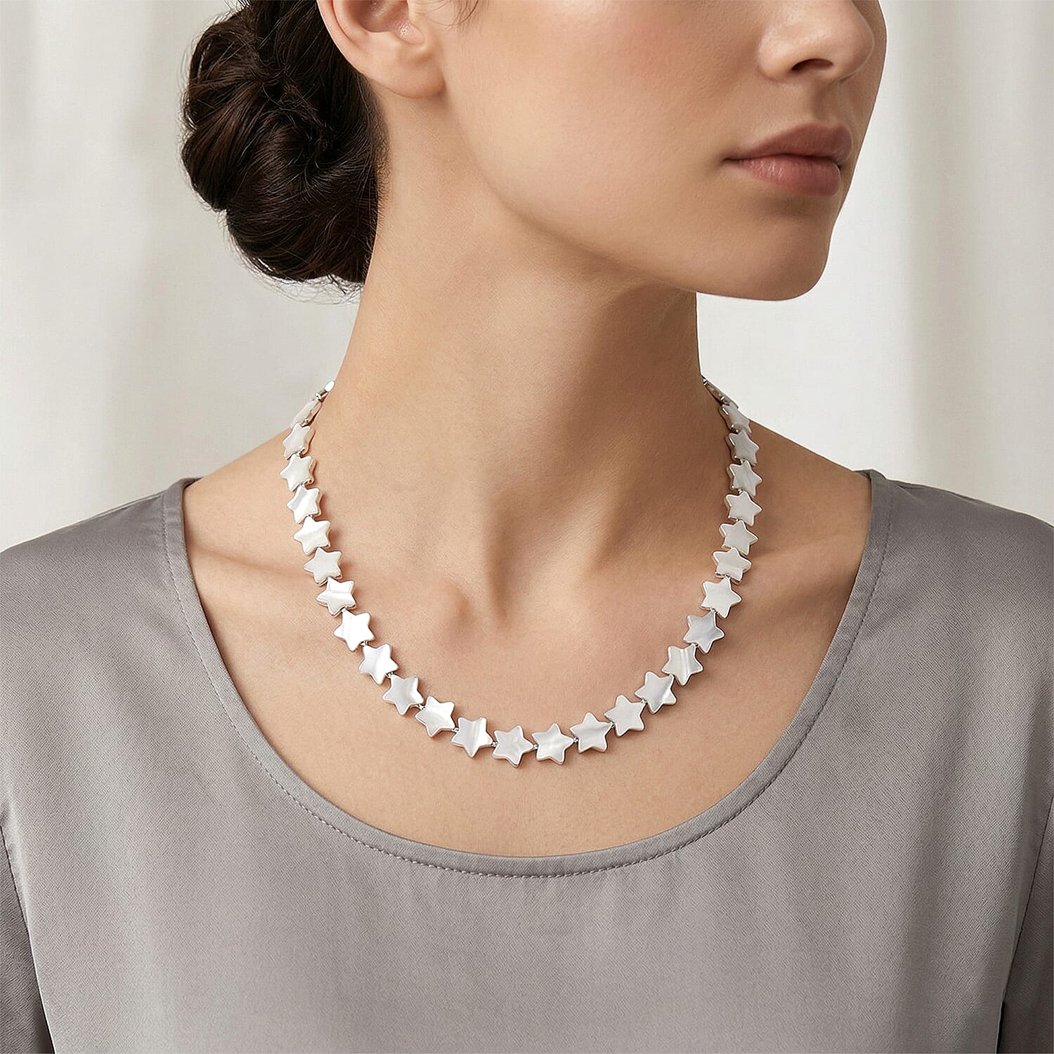 D'Joy White Mother Of Pearl Beads Necklace in Rhodium Overlay Sterling Silver 80.00 Ct.
