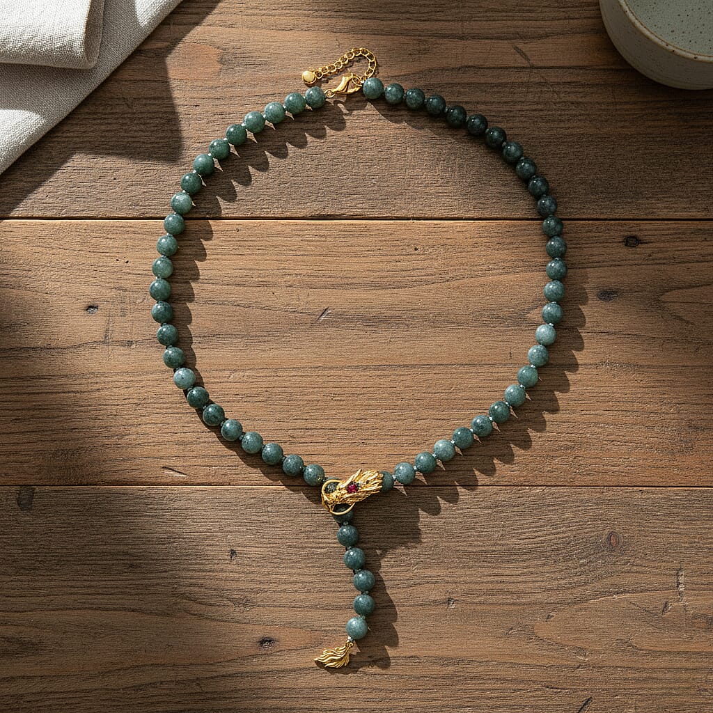 D'Joy Natural Jadeite Jade, Red Garnet, Natural Chrome Diopside & White Cubic Zirconia Beads Necklace (Size - 20-2 EXT) with Lobster Clasp in Yellow Gold Plated Sterling Silver 280.60 Ct.