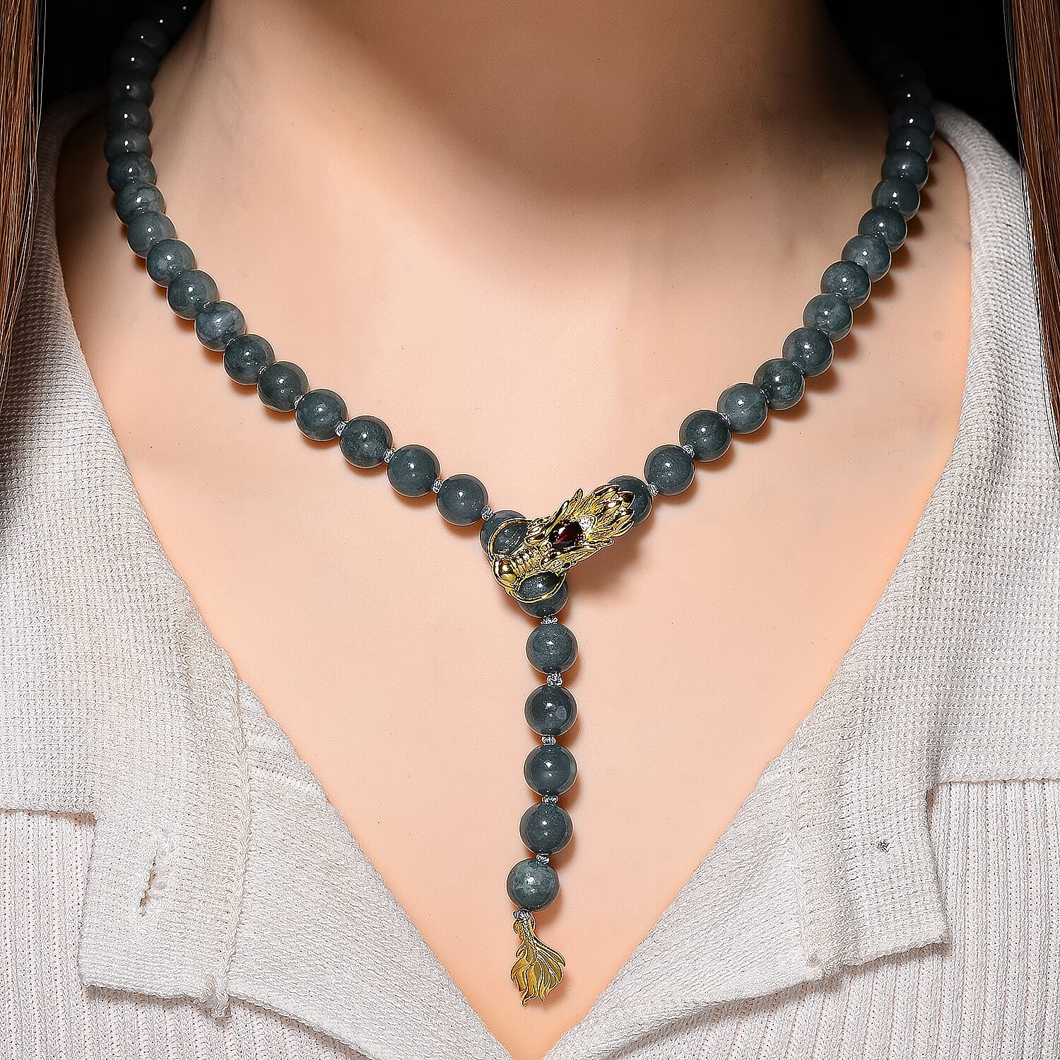 D'Joy Natural Jadeite Jade, Red Garnet, Natural Chrome Diopside & White Cubic Zirconia Beads Necklace (Size - 20-2 EXT) with Lobster Clasp in Yellow Gold Plated Sterling Silver 280.60 Ct.