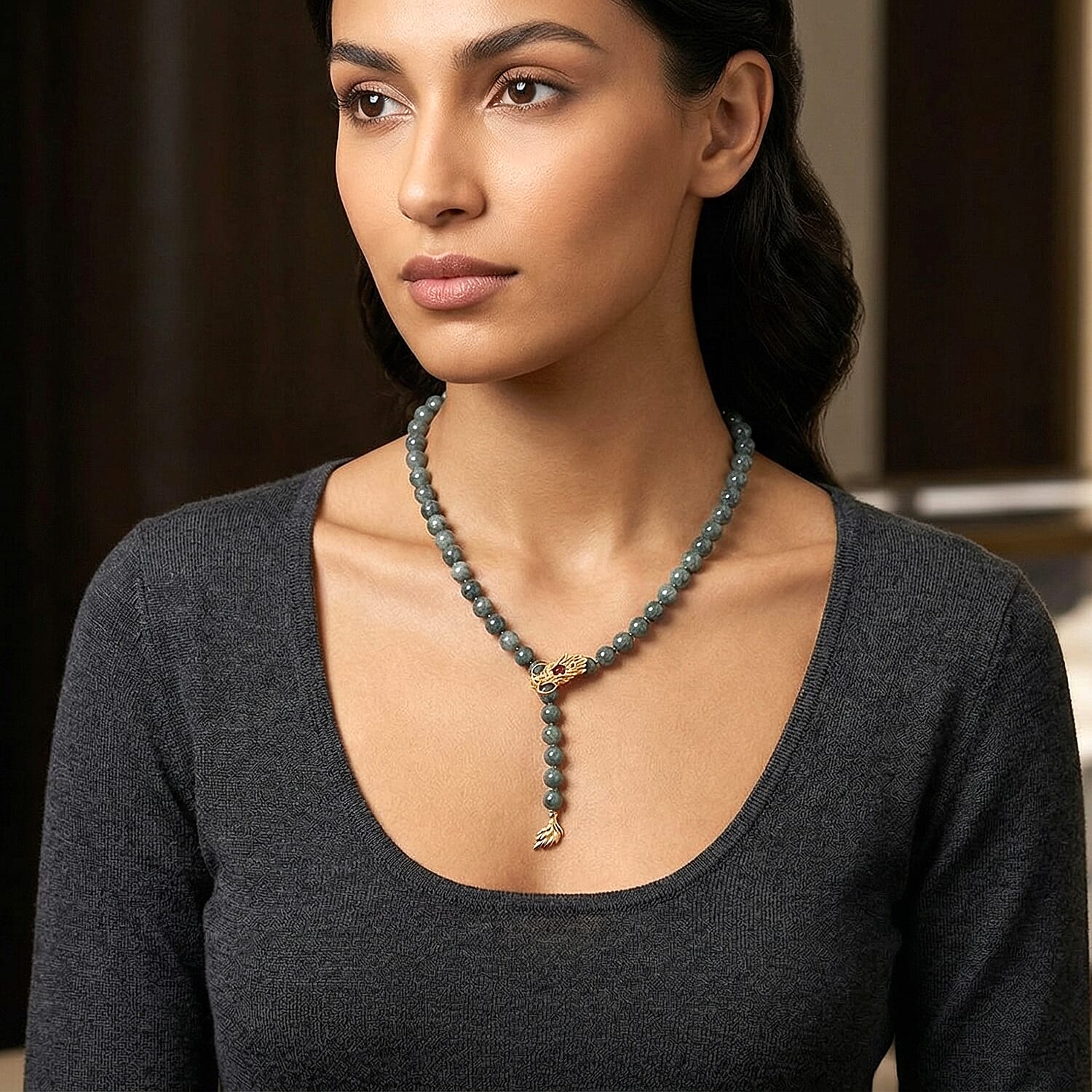 D'Joy Natural Jadeite Jade, Red Garnet, Natural Chrome Diopside & White Cubic Zirconia Beads Necklace (Size - 20-2 EXT) with Lobster Clasp in Yellow Gold Plated Sterling Silver 280.60 Ct.