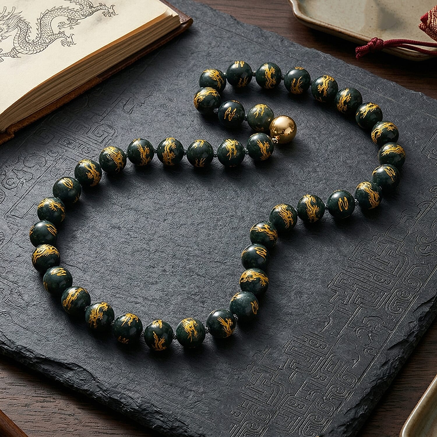 20th Anniversary Special -  Natural Type A Jadeite Jade Dragon Engraved Necklace (Size - 20) With Gold Overlay Sterling Silver Magnetic Clasp 510.00 Ct.