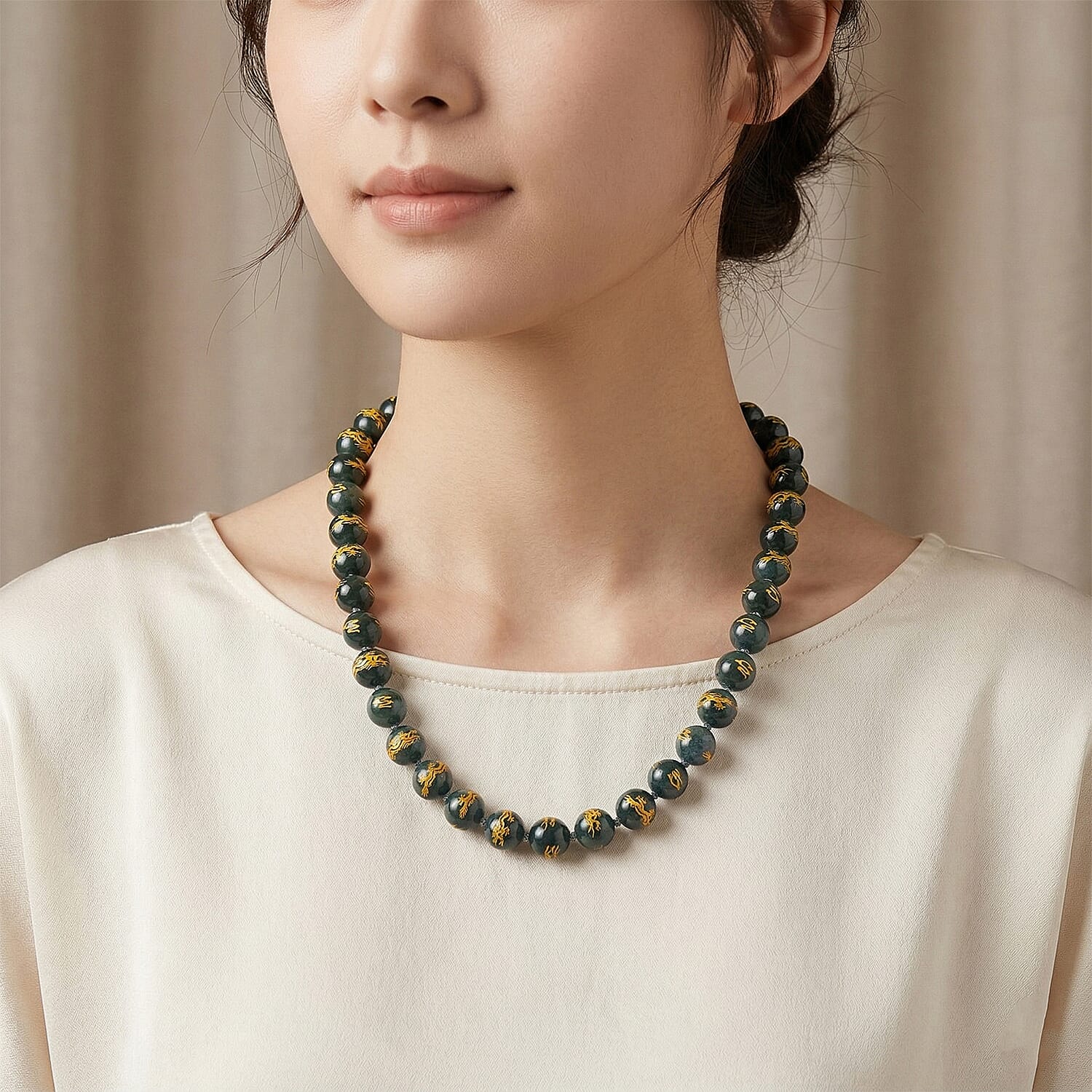 20th Anniversary Special -  Natural Type A Jadeite Jade Dragon Engraved Necklace (Size - 20) With Gold Overlay Sterling Silver Magnetic Clasp 510.00 Ct.