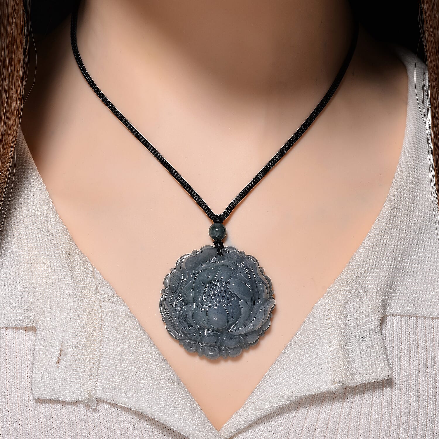 Natural Jade Flower Necklace (Size - 28) with Adjustable Cotton Thread 150.00 Ct.