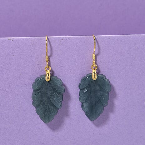 D'Joy Natural Olmec Jadeite Jade Beads Earring with Hook in Yellow Gold Plated Sterling Silver 25.00 Ct.