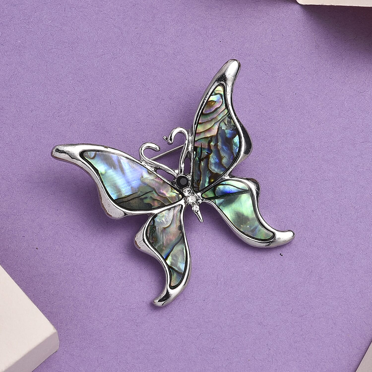 Closeout Deal - Christmas Deal - Elegant Black Crystal and Abalone Butterfly Brooch