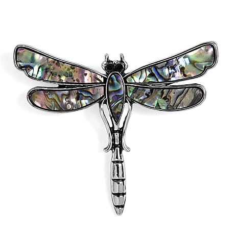 Black Crystal & Abalone Shell Dragonfly Brooch in Silver Tone