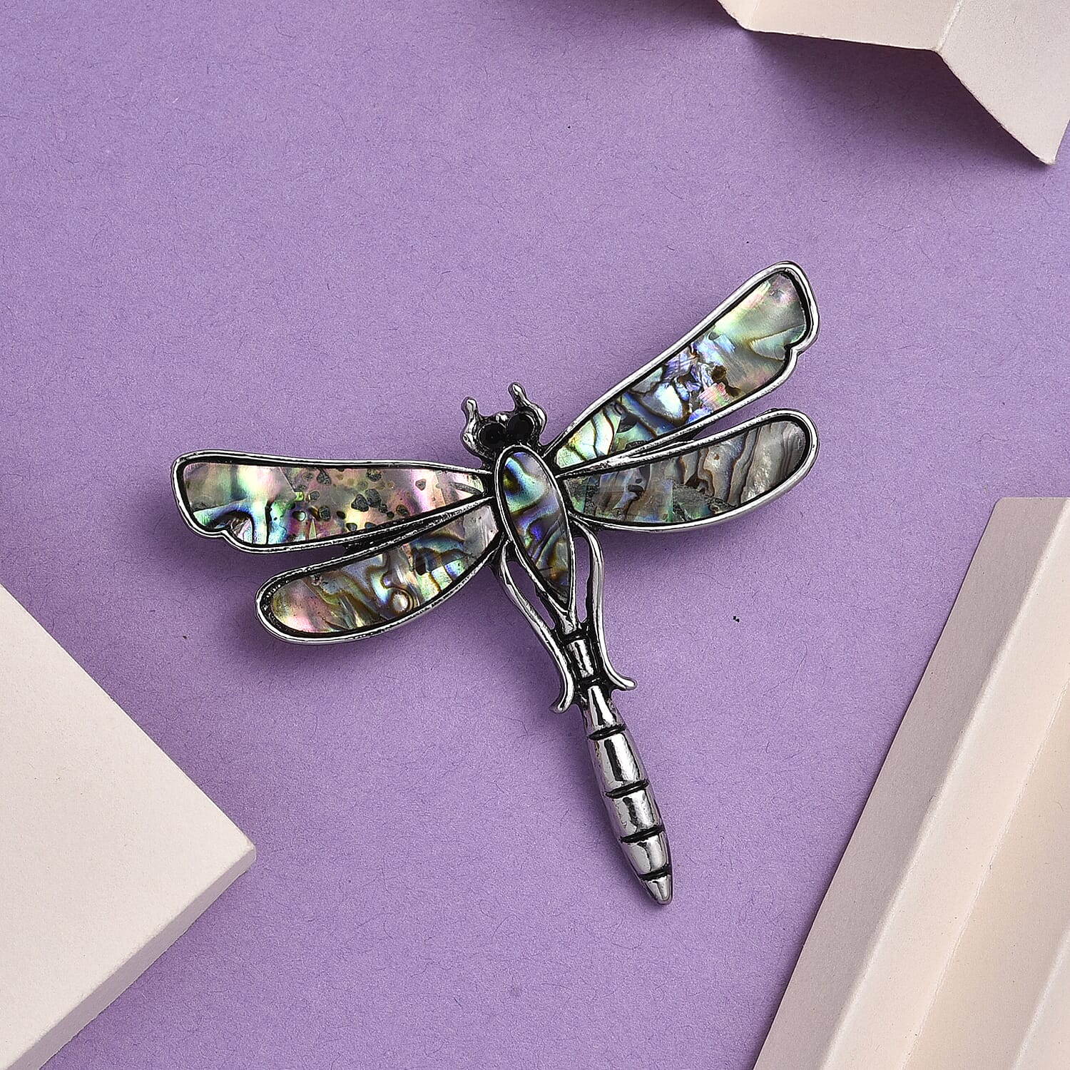 Black Crystal & Abalone Shell Dragonfly Brooch in Silver Tone