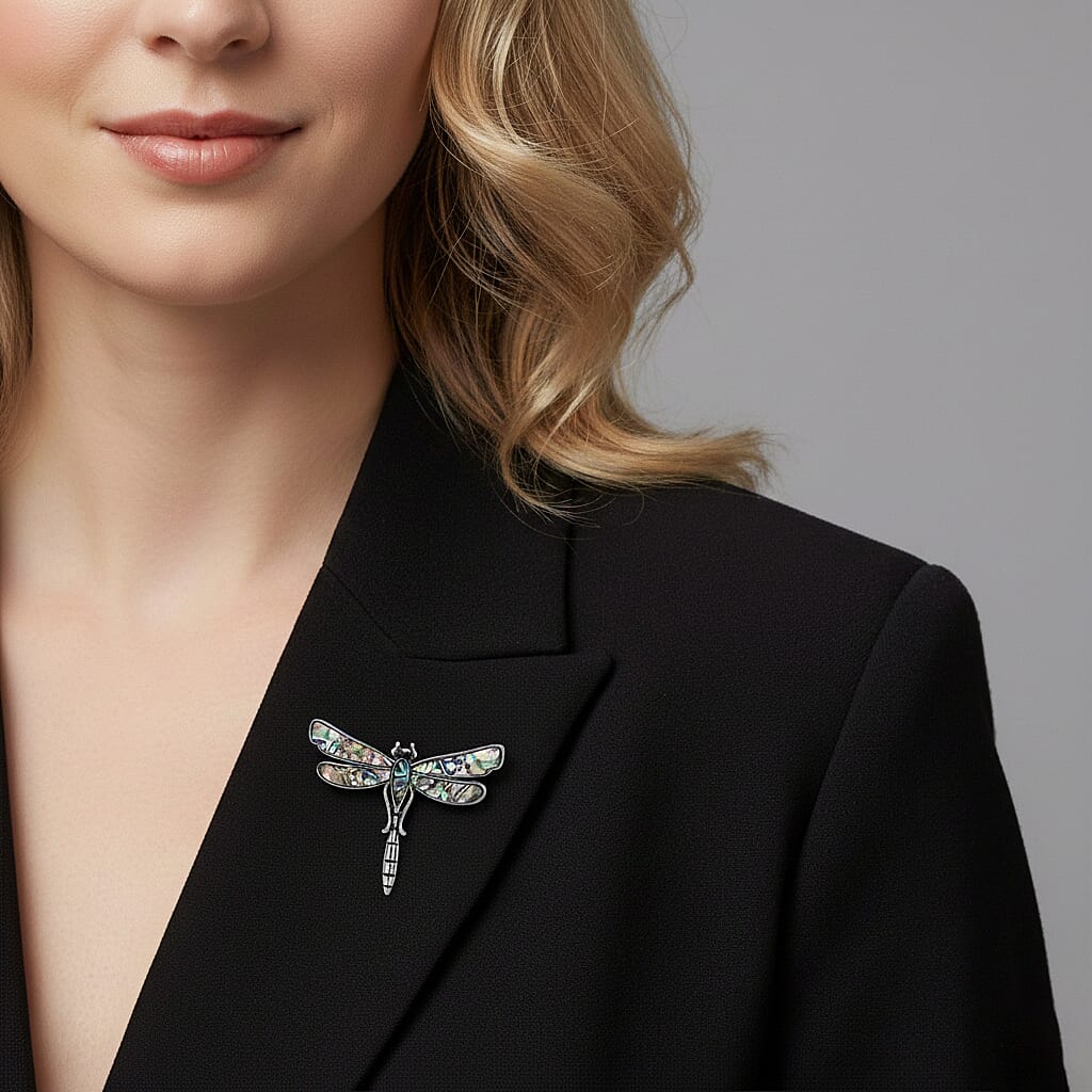 Black Crystal & Abalone Shell Dragonfly Brooch in Silver Tone