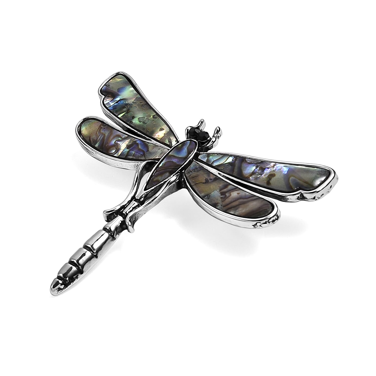 Black Crystal & Abalone Shell Dragonfly Brooch in Silver Tone