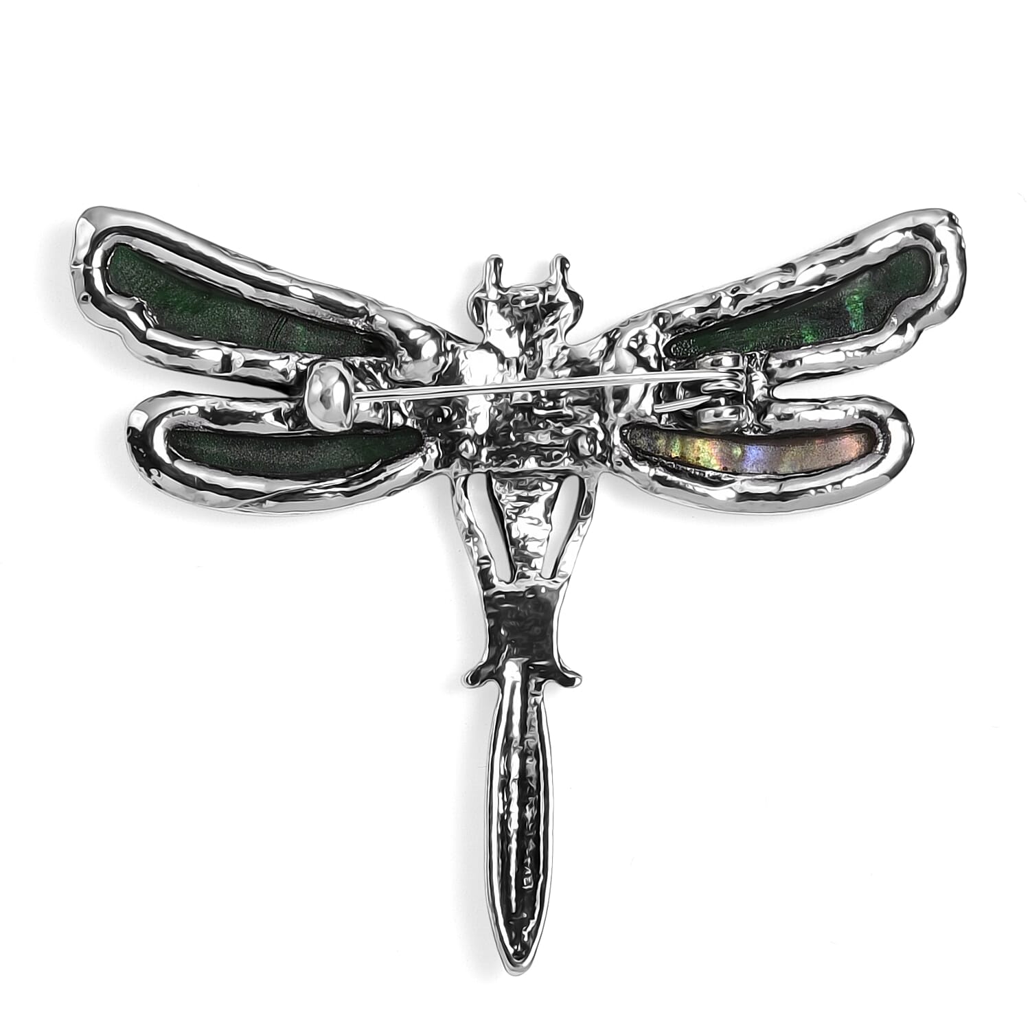 Black Crystal & Abalone Shell Dragonfly Brooch in Silver Tone