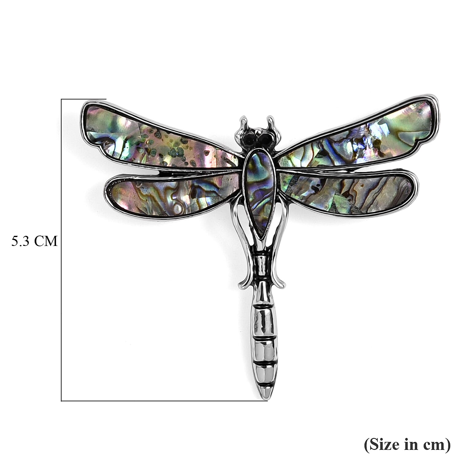 Black Crystal & Abalone Shell Dragonfly Brooch in Silver Tone