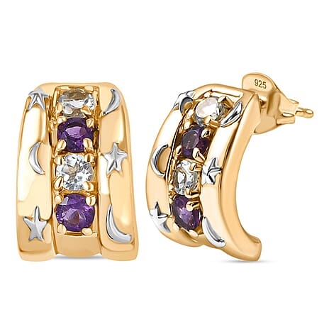 GP- Celestial Dream Collection African Amethyst & Blue Sapphire J Hoop Half Hoop Earring with Push Back in 18K Vermeil Yellow Gold Plated & Rodium Overlay Sterling Silver 1.03 Ct.