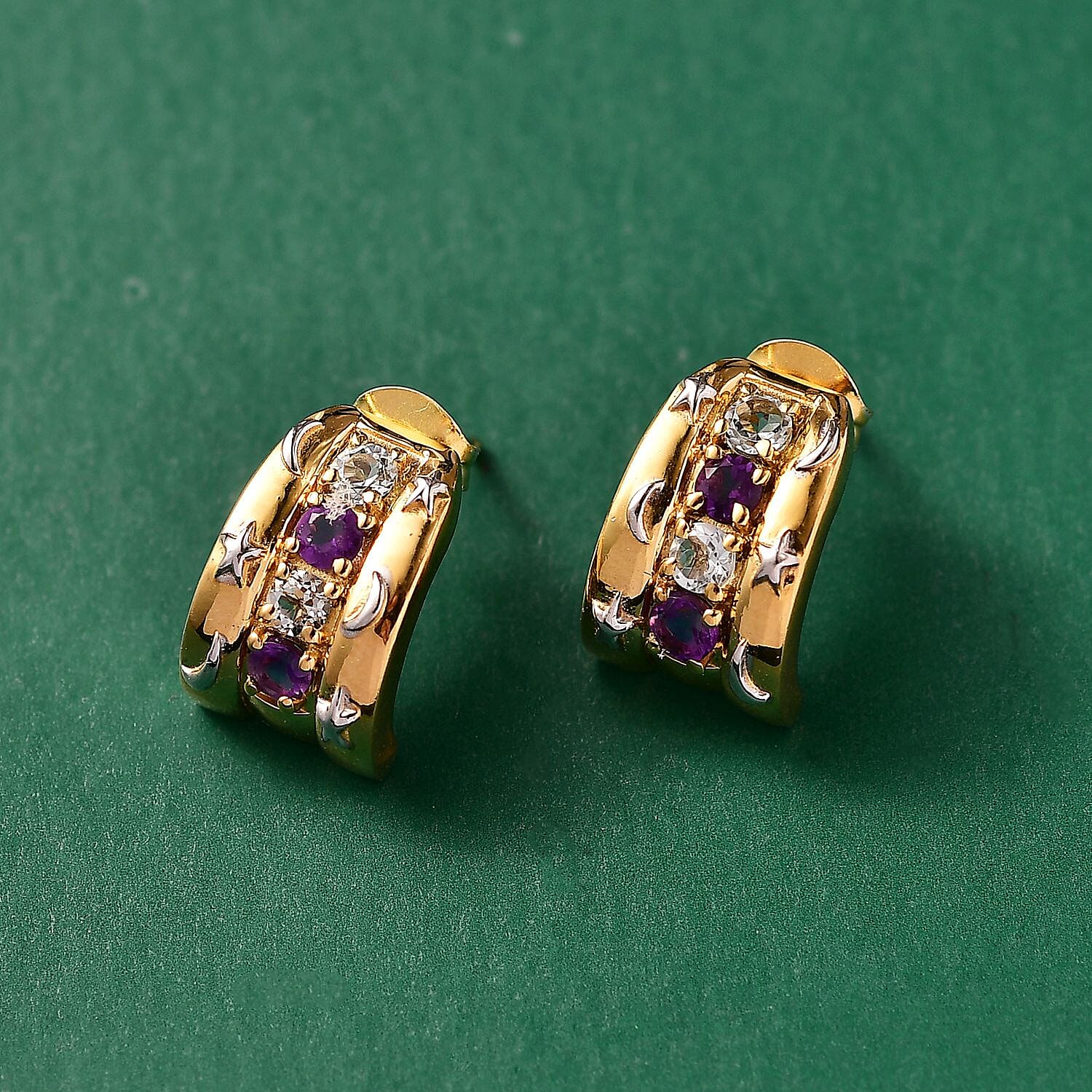GP- Celestial Dream Collection African Amethyst & Blue Sapphire J Hoop Half Hoop Earring with Push Back in 18K Vermeil Yellow Gold Plated & Rodium Overlay Sterling Silver 1.03 Ct.