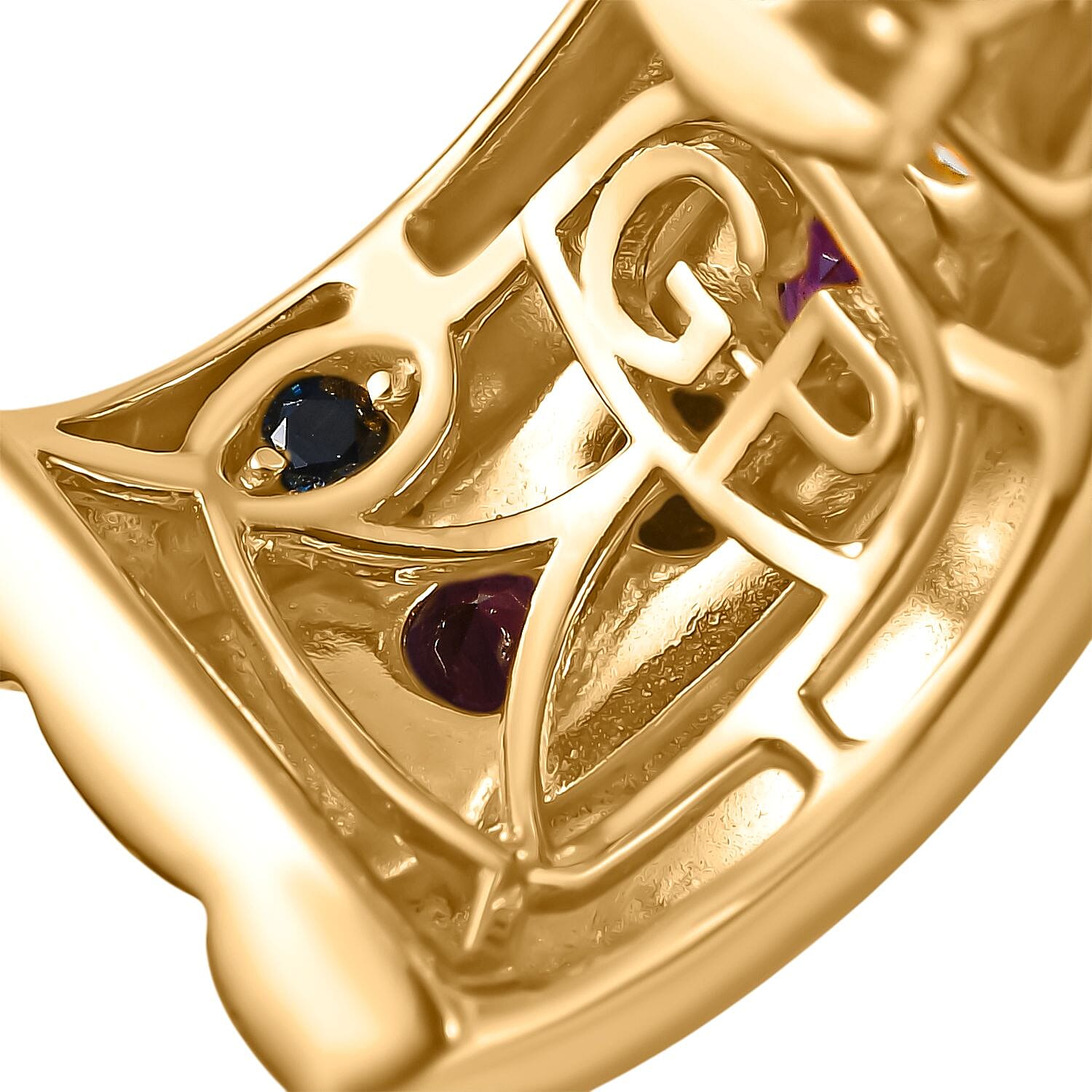 GP- Celestial Dream Collection African Amethyst & Blue Sapphire J Hoop Half Hoop Earring with Push Back in 18K Vermeil Yellow Gold Plated & Rodium Overlay Sterling Silver 1.03 Ct.