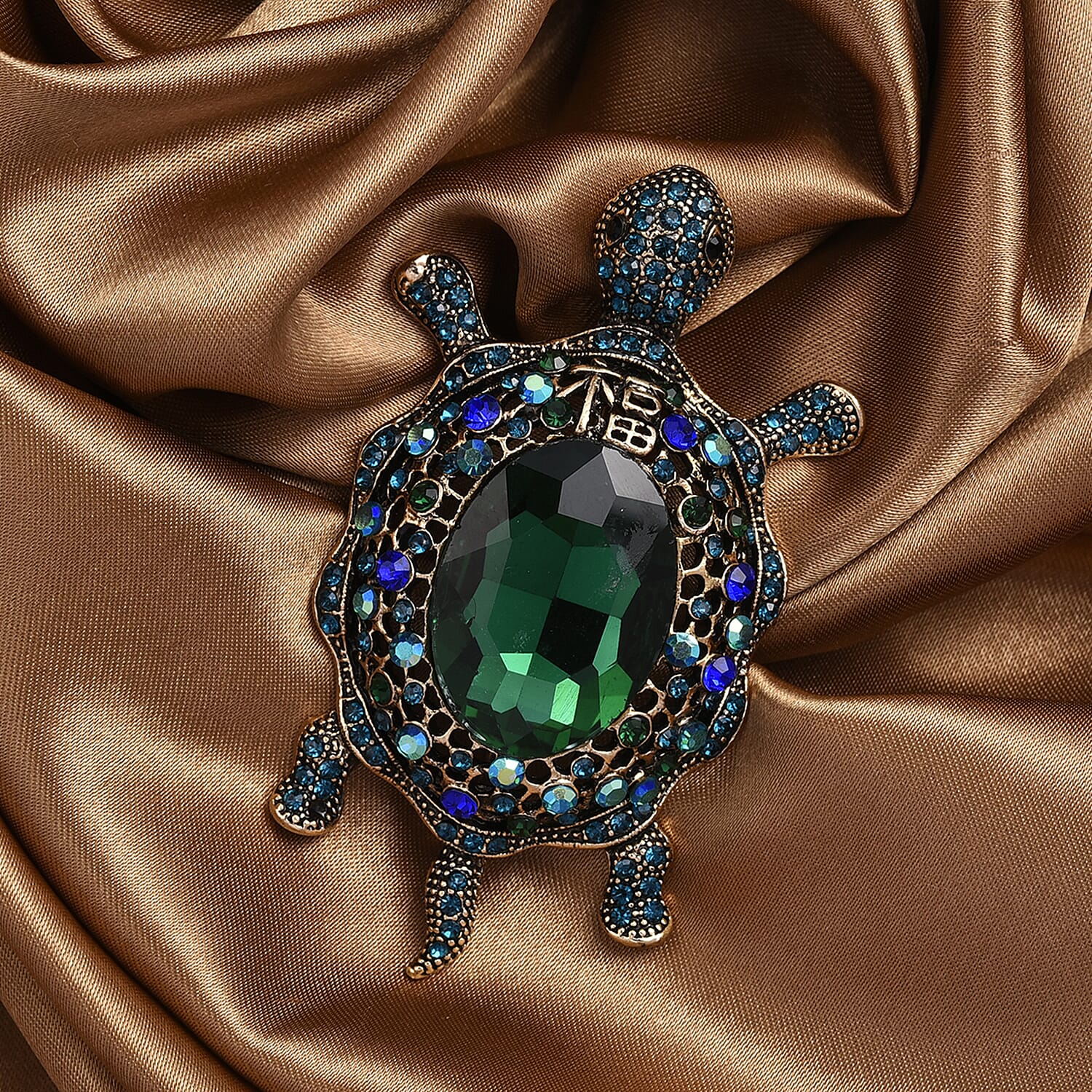 Multi Colour Crystal & Green Glass Turtle Brooch