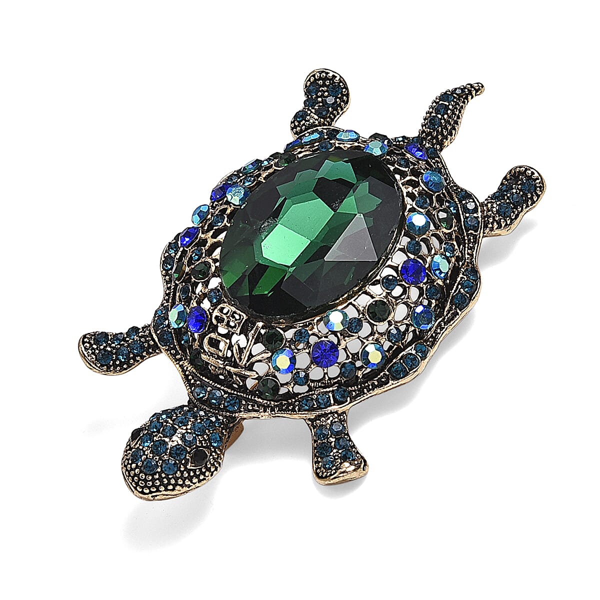 Multi Colour Crystal & Green Glass Turtle Brooch