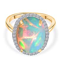 LUXURIANT 6.21 Ct. AAA Ethiopian Opal, Lab Grown Diamond Halo Ring in 18K Vermeil Yellow Gold Plated Sterling Silver (SI-GH)