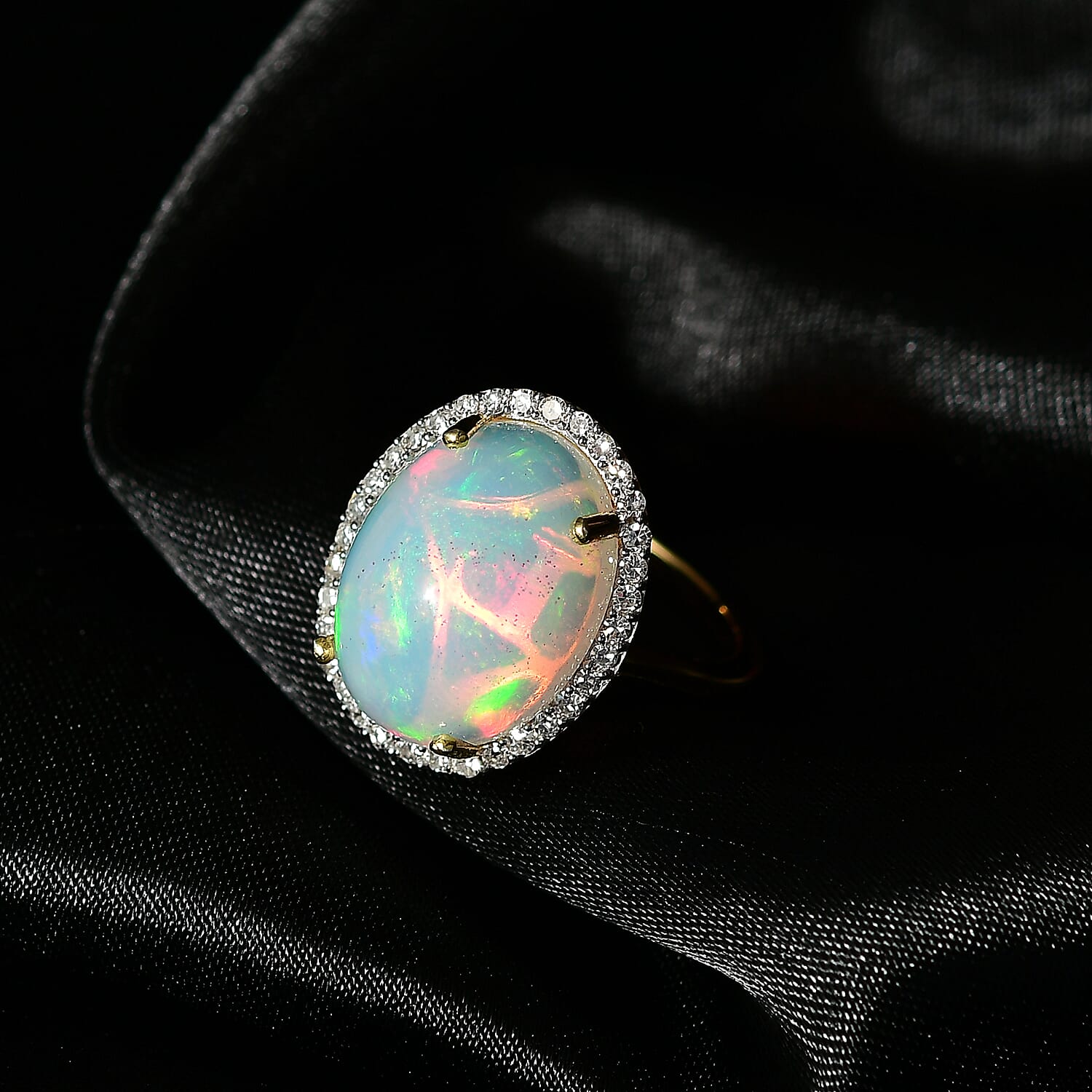 Luxuriant Rare Size AAA Ethiopian Opal (16X12 ) & Lab Grown Diamond (SI-GH) Ring in 18K Vermeil Yellow Gold Plating Sterling Silver 6.56 Ct.