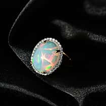 LUXURIANT 6.21 Ct. AAA Ethiopian Opal, Lab Grown Diamond Halo Ring in 18K Vermeil Yellow Gold Plated Sterling Silver (SI-GH)