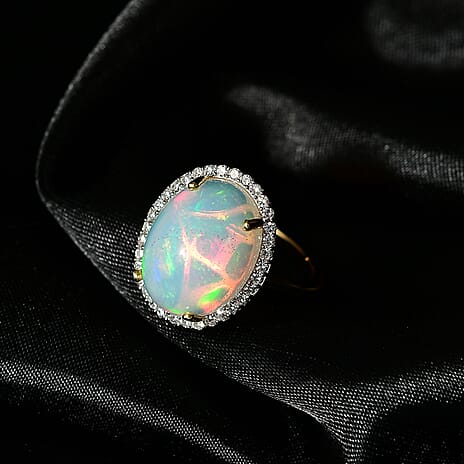 Luxuriant Rare Size AAA Ethiopian Opal (16X12 ) & Lab Grown Diamond (SI-GH) Ring in 18K Vermeil Yellow Gold Plating Sterling Silver 6.56 Ct.