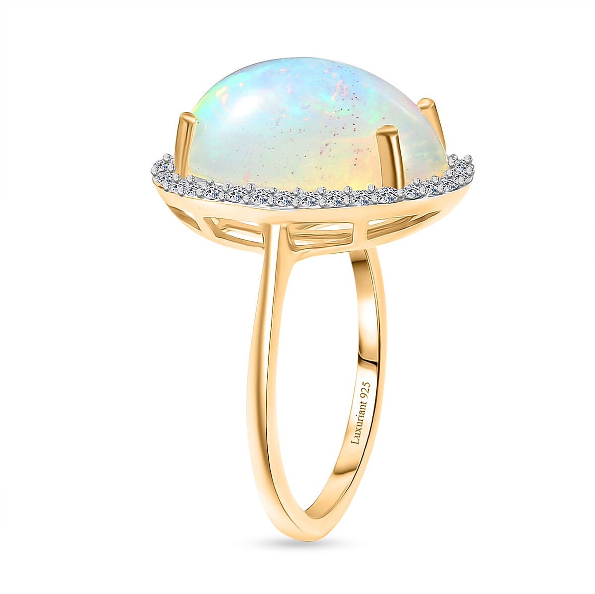 Luxuriant Rare Size AAA Ethiopian Opal (16X12 ) & Lab Grown Diamond (SI-GH) Ring in 18K Vermeil Yellow Gold Plating Sterling Silver 6.56 Ct.