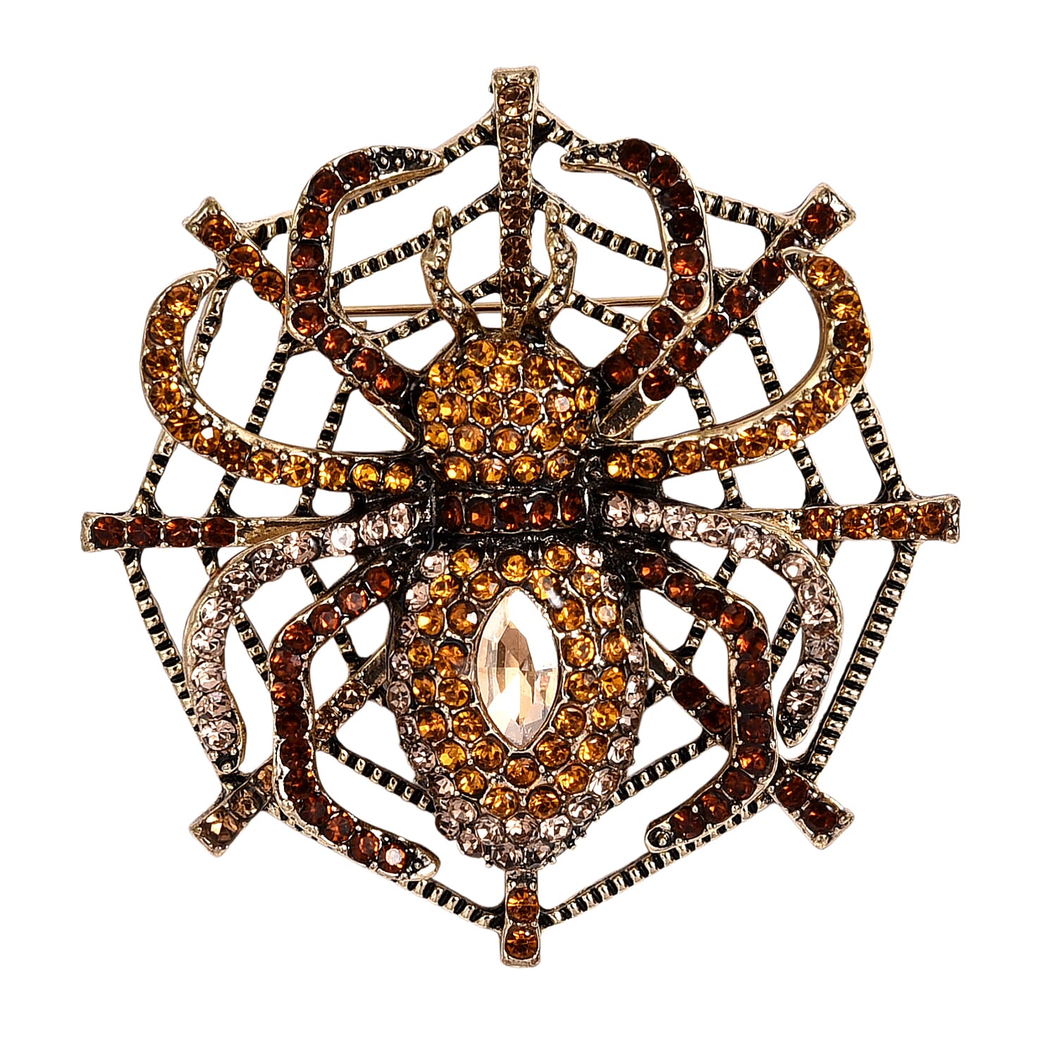 Multi Colour Crystal & Champagne Glass Spider Web Brooch in Antique Gold Tone