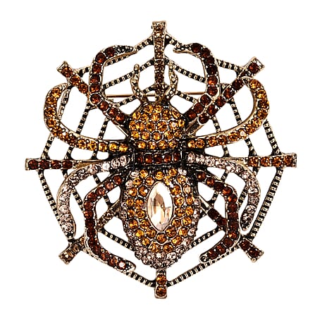 Multi Colour Crystal & Champagne Glass Spider Web Brooch in Antique Gold Tone