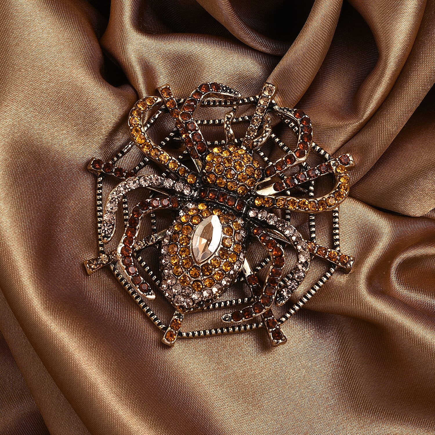 Multi Colour Crystal & Champagne Glass Spider Web Brooch in Antique Gold Tone