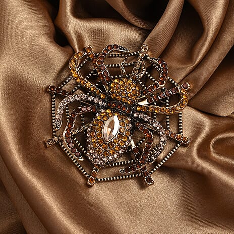 Multi Colour Crystal & Champagne Glass Spider Web Brooch in Antique Gold Tone