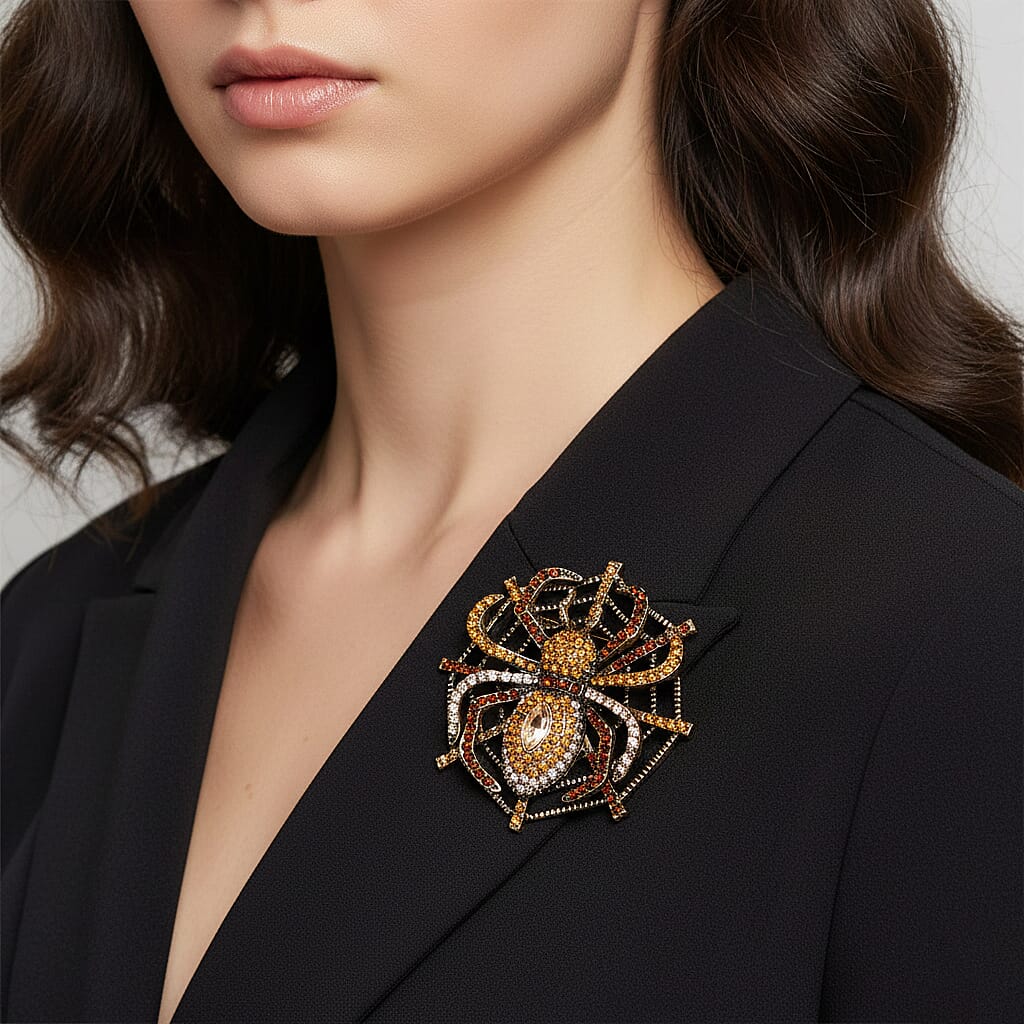 Multi Colour Crystal & Champagne Glass Spider Web Brooch in Antique Gold Tone