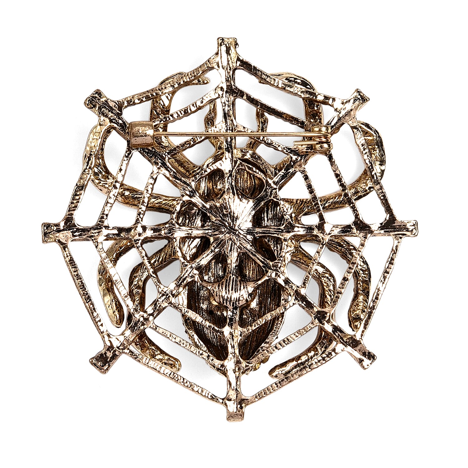 Multi Colour Crystal & Champagne Glass Spider Web Brooch in Antique Gold Tone