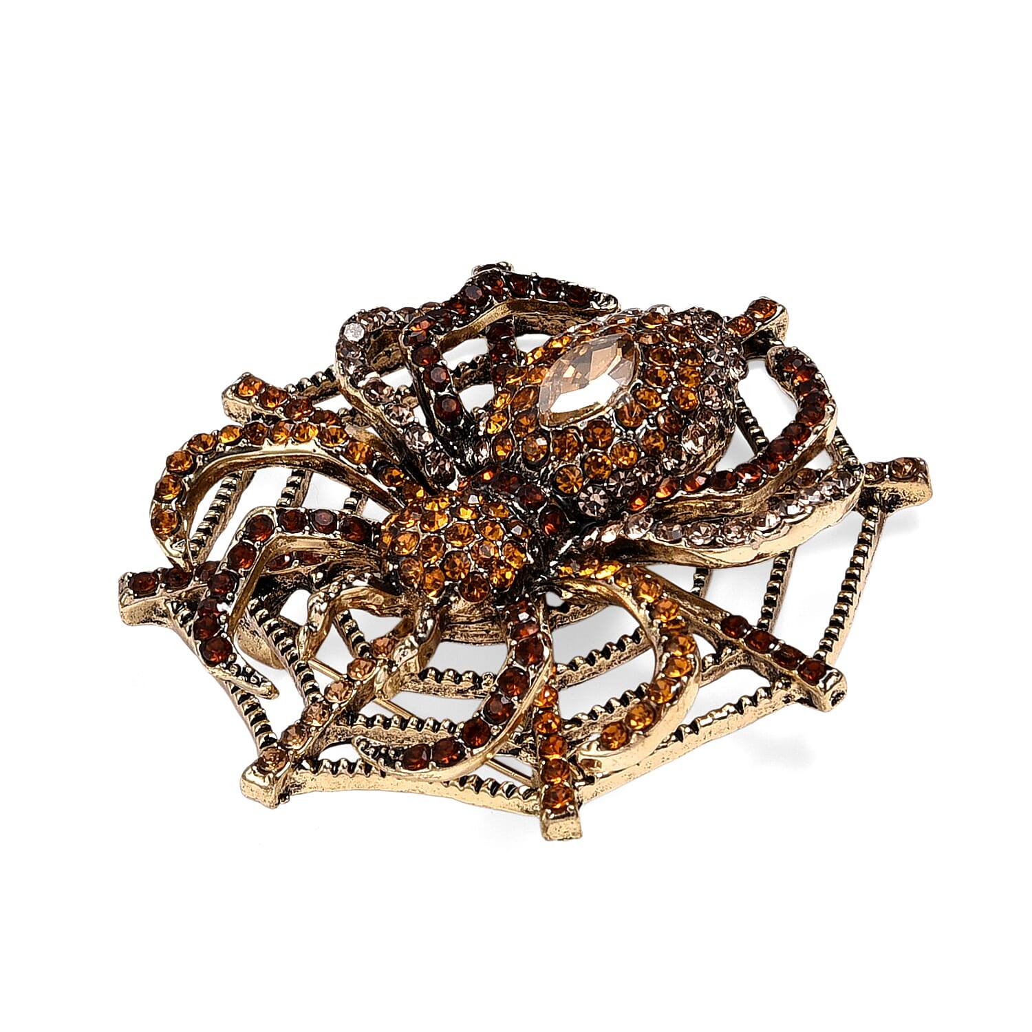 Multi Colour Crystal & Champagne Glass Spider Web Brooch in Antique Gold Tone
