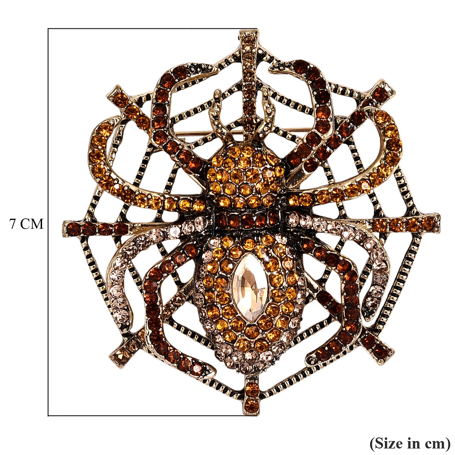Multi Colour Crystal & Champagne Glass Spider Web Brooch in Antique Gold Tone