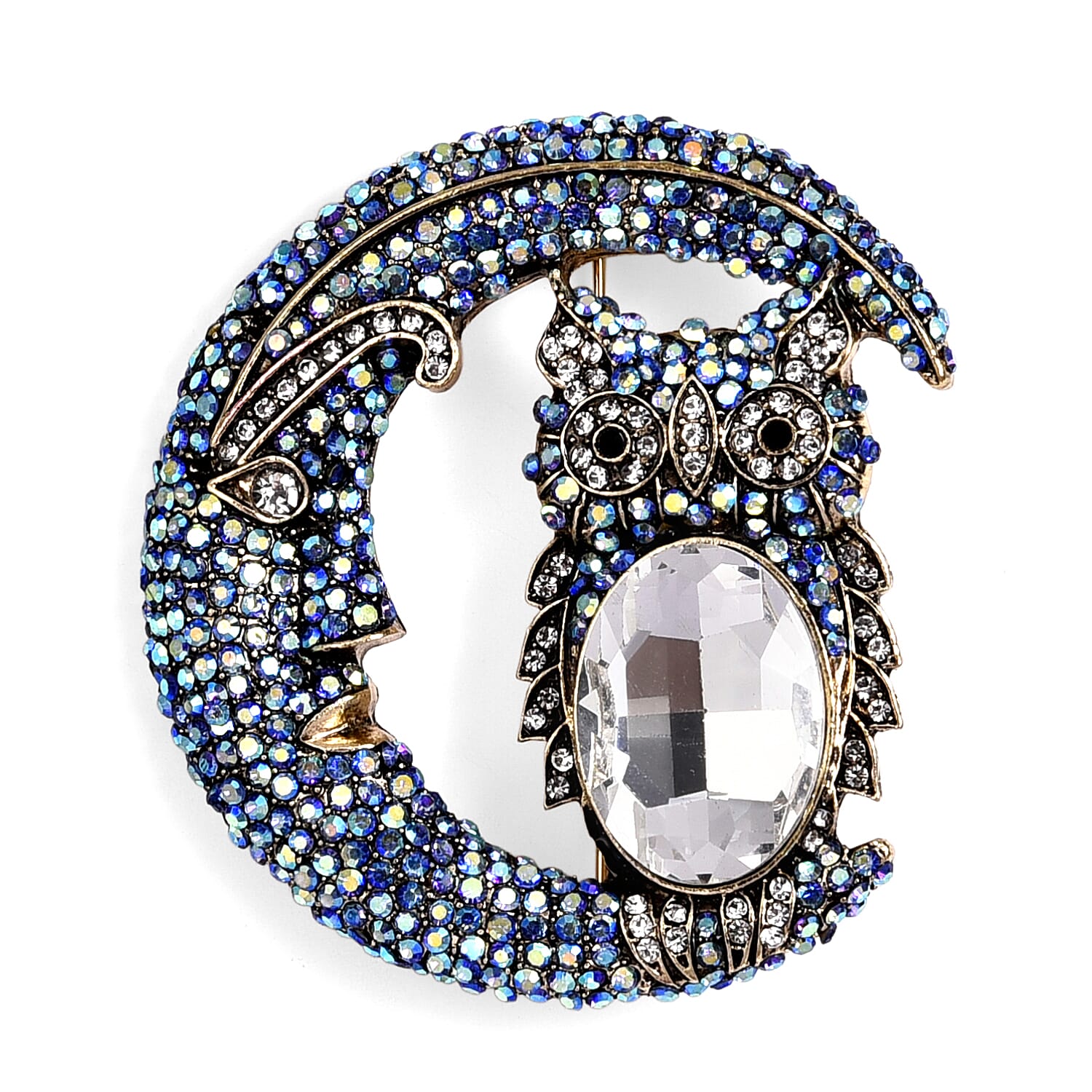 Multi Colour Crystal & White Glass Moonlight Owl Brooch in Antique Gold Tone