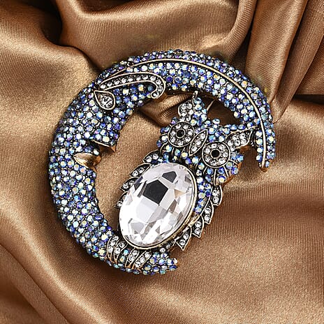 Multi Colour Crystal & White Glass Moonlight Owl Brooch in Antique Gold Tone