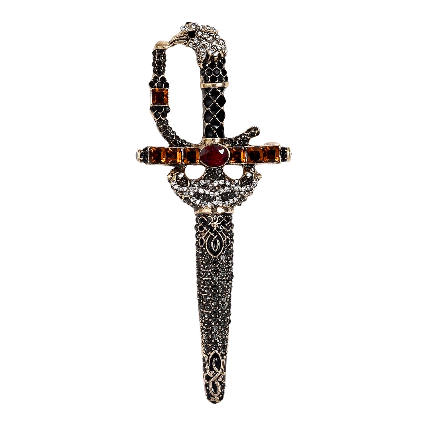 Multi Colour Crystal & Glass Sword Brooch in Antique Gold Tone with Enamelling