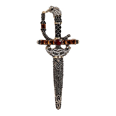 Multi Colour Crystal & Glass Sword Brooch in Antique Gold Tone with Enamelling