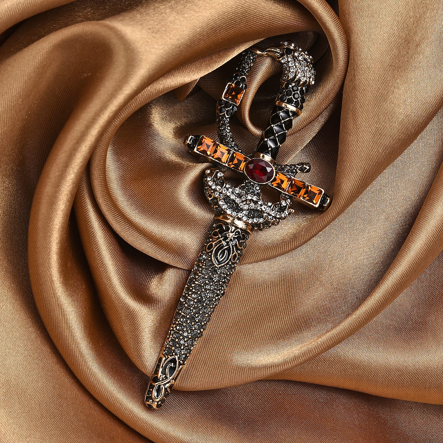 Multi Colour Crystal & Glass Sword Brooch in Antique Gold Tone with Enamelling