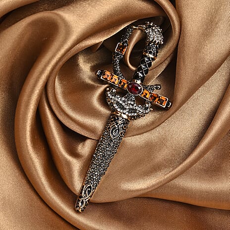 Multi Colour Crystal & Glass Sword Brooch in Antique Gold Tone with Enamelling