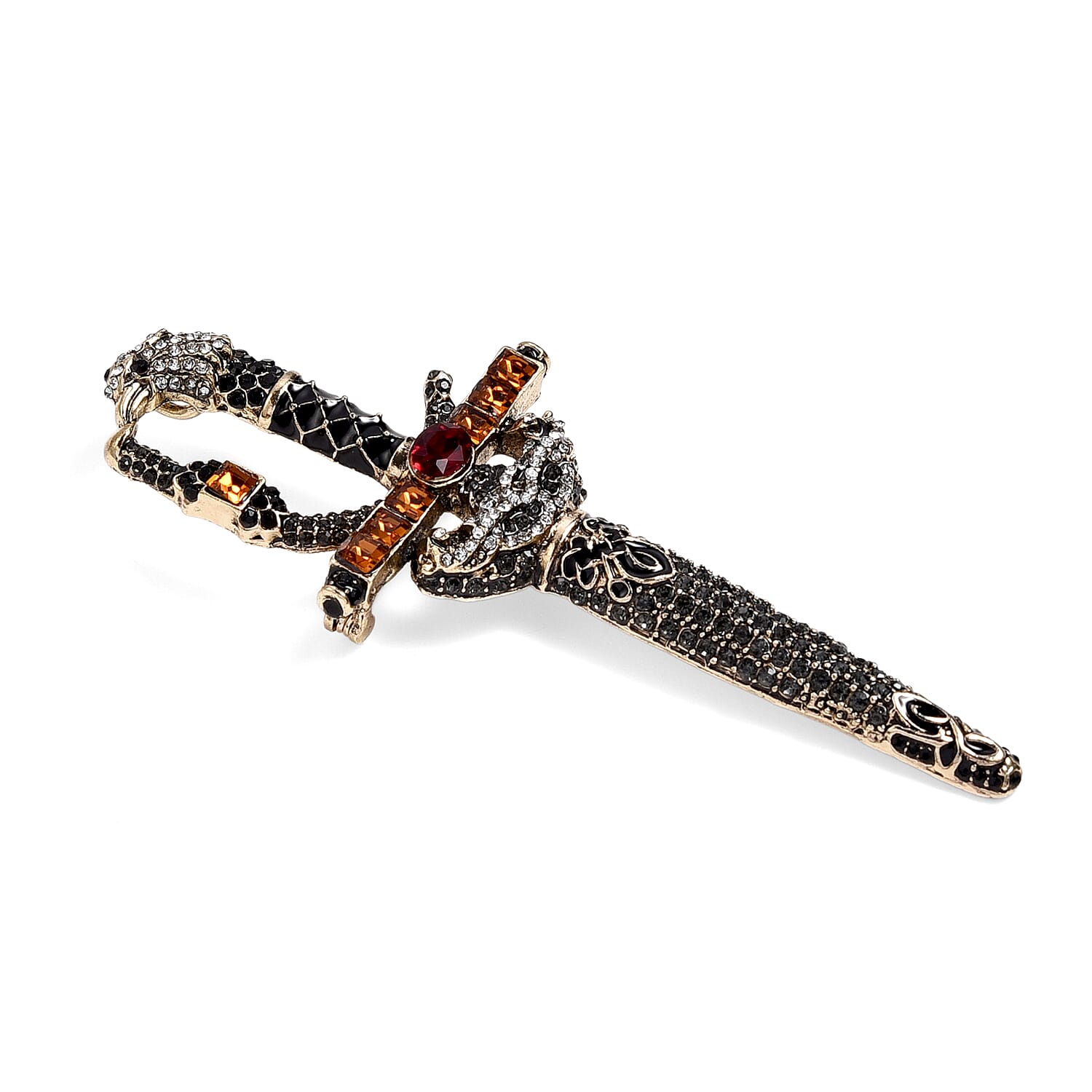 Multi Colour Crystal & Glass Sword Brooch in Antique Gold Tone with Enamelling