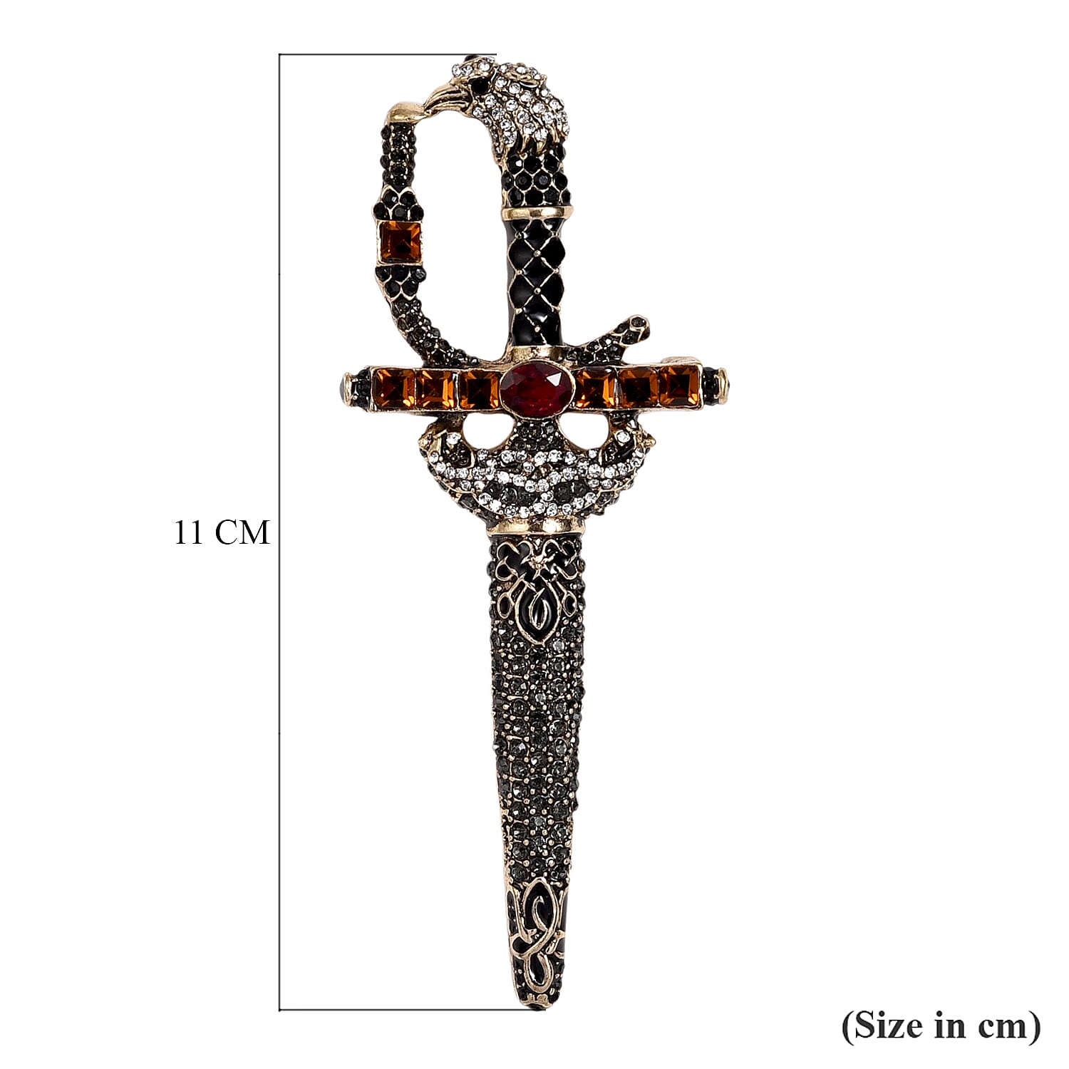 Multi Colour Crystal & Glass Sword Brooch in Antique Gold Tone with Enamelling