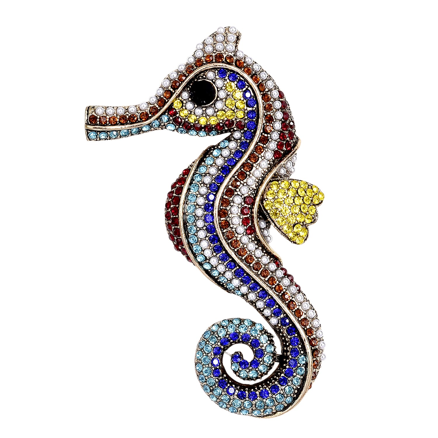 Multi Colour Crystal & Plastic Pearl Seahorse Brooch in Antique Gold Tone