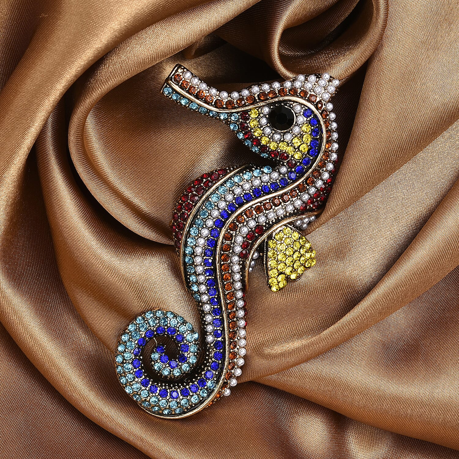 Multi Colour Crystal & Plastic Pearl Seahorse Brooch in Antique Gold Tone