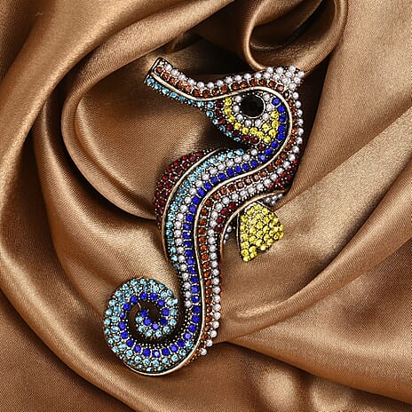 Multi Colour Crystal & Plastic Pearl Seahorse Brooch in Antique Gold Tone