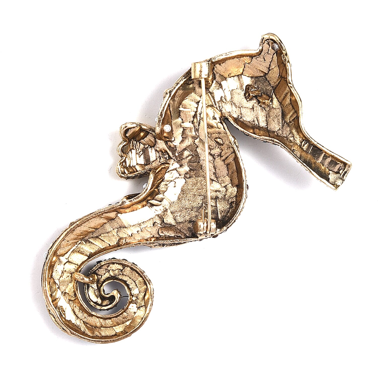 Multi Colour Crystal & Plastic Pearl Seahorse Brooch in Antique Gold Tone