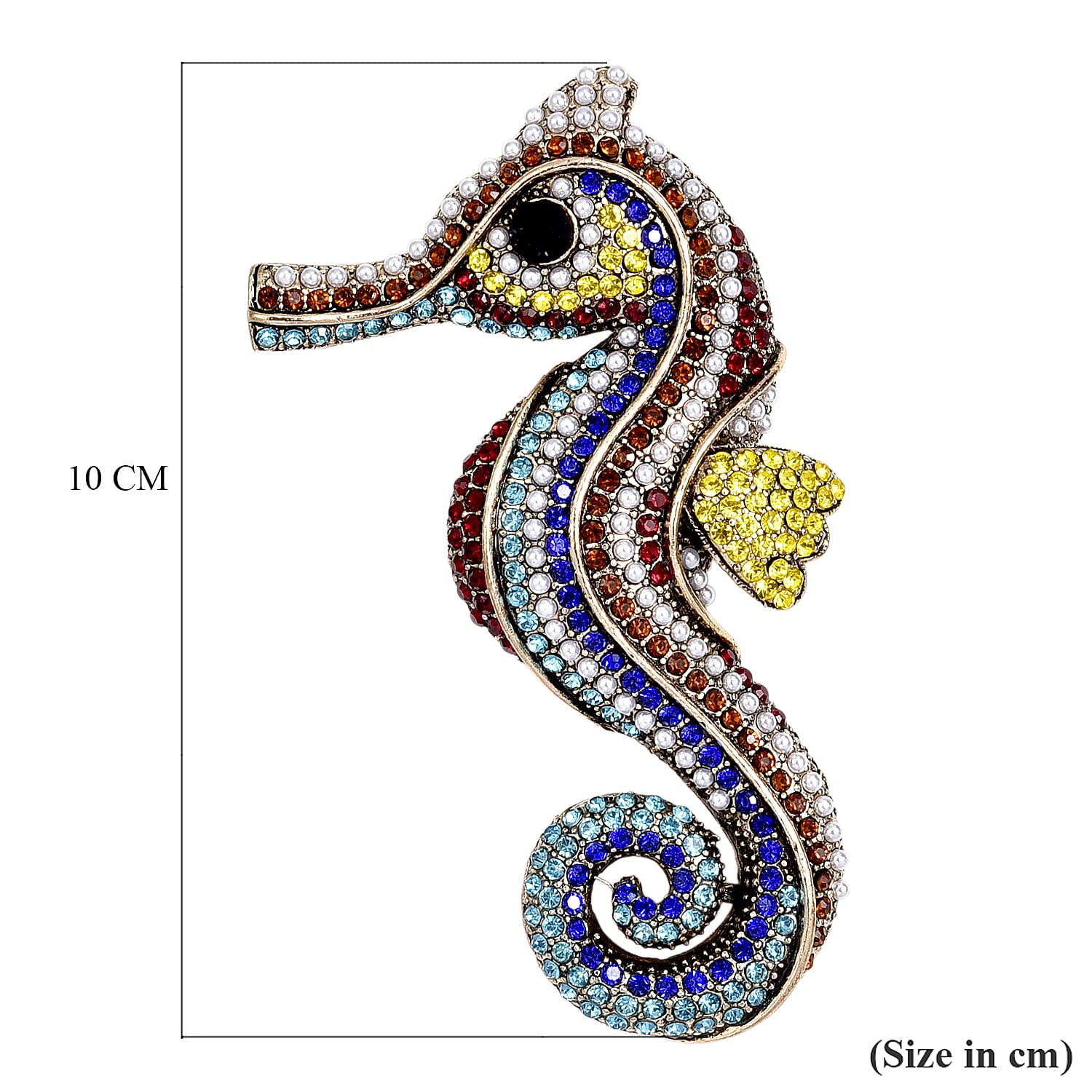 Multi Colour Crystal & Plastic Pearl Seahorse Brooch in Antique Gold Tone